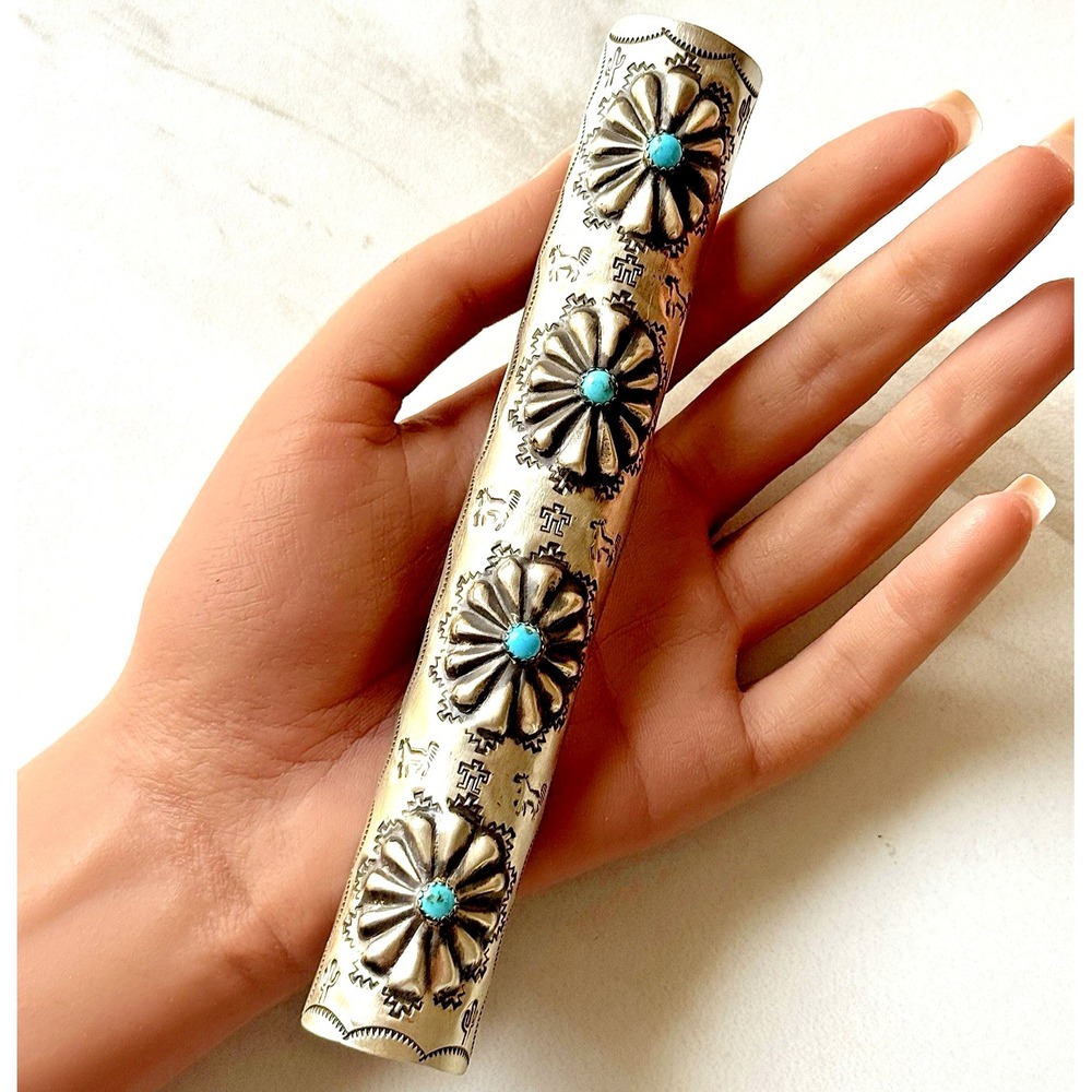 BIG Navajo Turquoise Horse Mane Pony Tail Hair Holder Hand Stamped Sterling USA